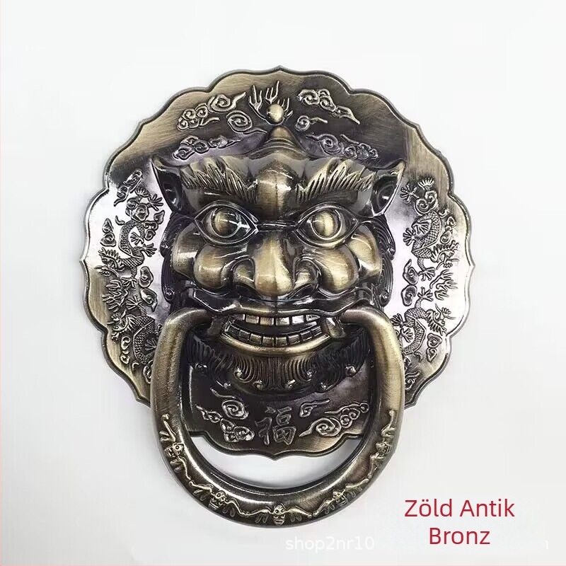 Ősi bronz színű ajtóhúzó gyűrű, állatfejekkel: oroszlán, tigris és kirin; fa ajtóhoz