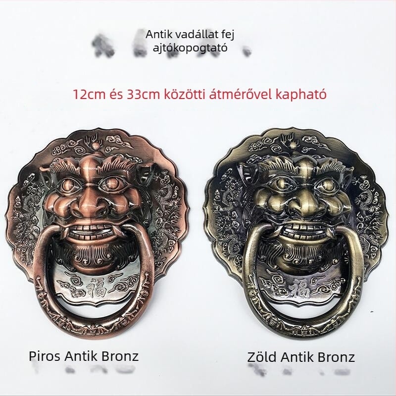 Ősi bronz színű ajtóhúzó gyűrű, állatfejekkel: oroszlán, tigris és kirin; fa ajtóhoz