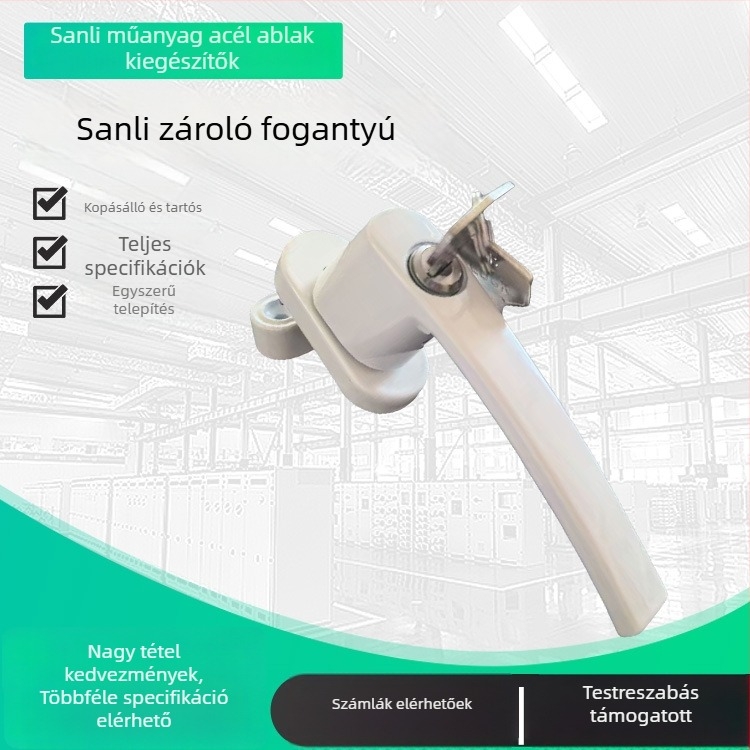 Zárható fogantyú műanyag‑acél ablakokhoz és ajtókhoz, belső és külső nyitás, spray bevonat