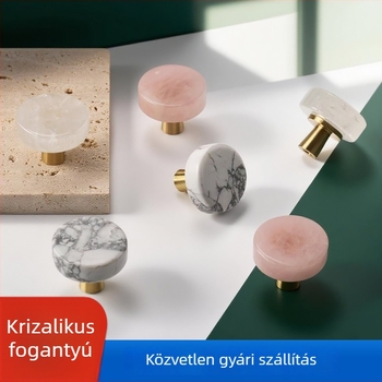 Szekrényajtó fogantyú, kör alakú, sárgaréz+kristály, modern minimális stílus, szerelés egyetlen lyukkal