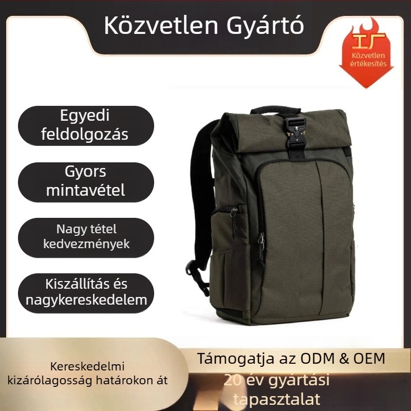 Roll-top fényképezőgép hátizsák DSLR és tükröző nélküli kamerákhoz, vízálló és könnyű, görbült vállpánttal.