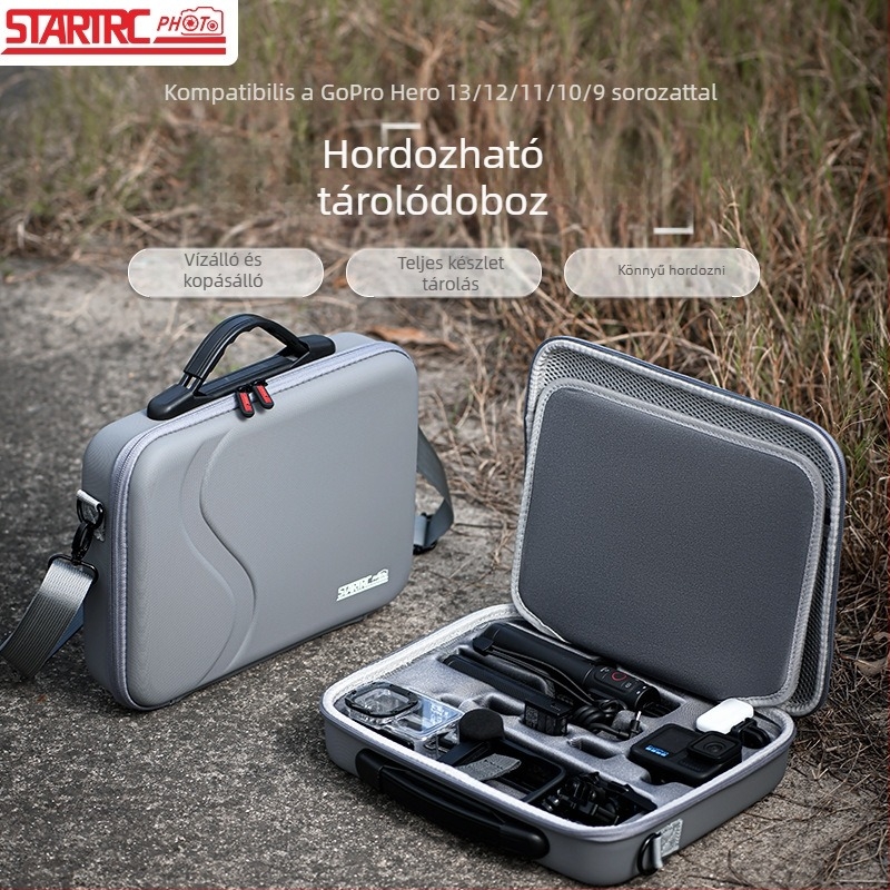 GoPro kamera tároló táska vállpánttal, kültéri használatra, PU anyag, 10L, kompatibil HERO13/12/11/10/9, vízálló