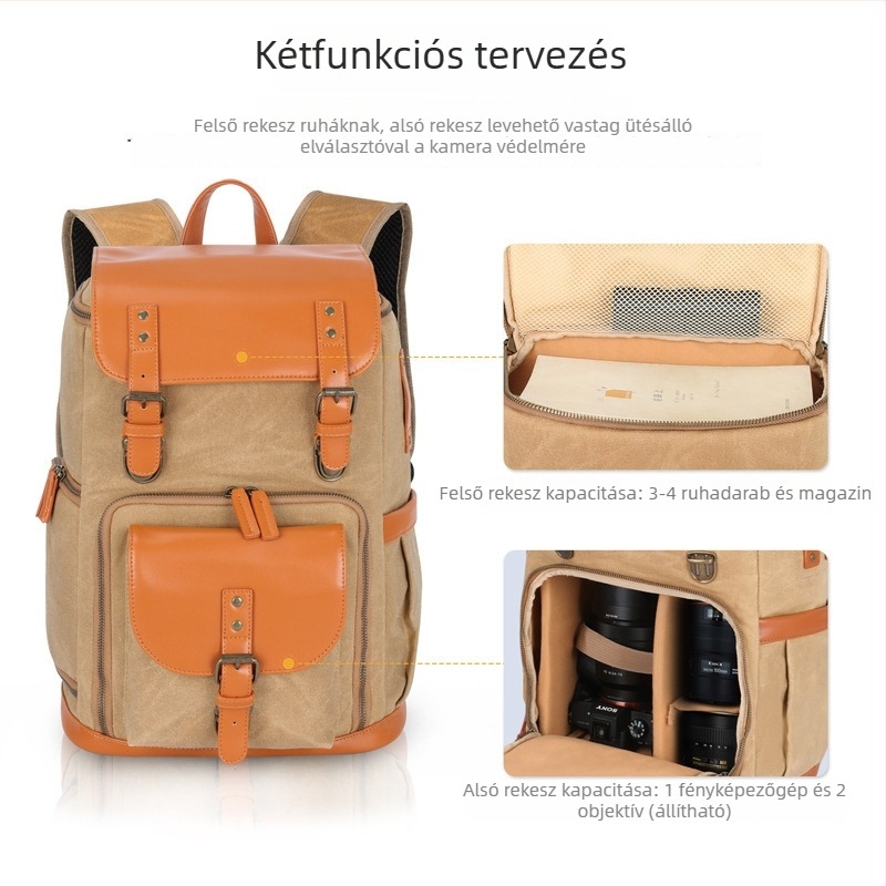 DSLR hátizsák kültéri fotózáshoz, vászon anyagú, vízálló és kopásálló, cipzáros záródás, teleszkópos fogantyú
