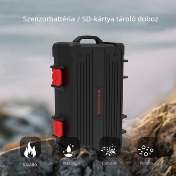 Fényképezőgép akkumulátor és memóriakártya tároló doboz, vízálló, ütésálló, Modell E16, Canon/Nikon/Sony kompatibilis, tartalmaz karabíner