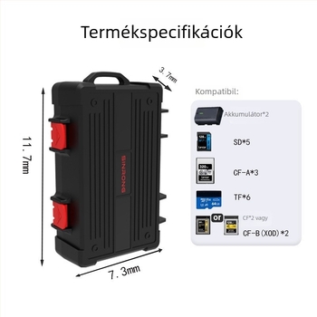Fényképezőgép akkumulátor és memóriakártya tároló doboz, vízálló, ütésálló, Modell E16, Canon/Nikon/Sony kompatibilis, tartalmaz karabíner