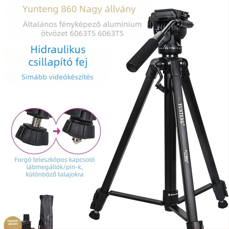 Yunteng VCT-860AV állvány hidraulikus fejjel, 3 részes, alumínium‑ötvözet, max terhelés 4 kg, gyorskioldó tányér