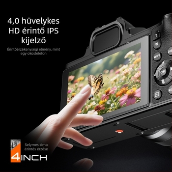 Tükör nélküli kamera D90, 5K felbontás, 3,2 hüvelykes érintőképernyő, fix objektív, elektronikus képstabilizáció.