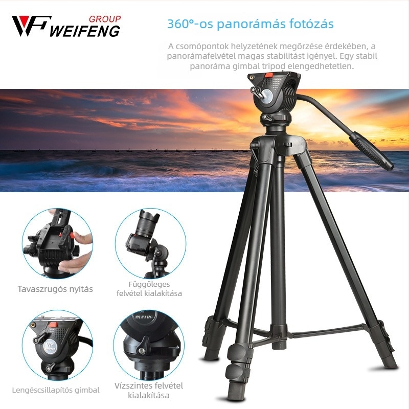 Weifeng WF-3308A DSLR állvány 3D PTZ fejjel, alumínium ötvözet, 3 részes lábak, gyorskioldó lemez, súly 2,16 kg