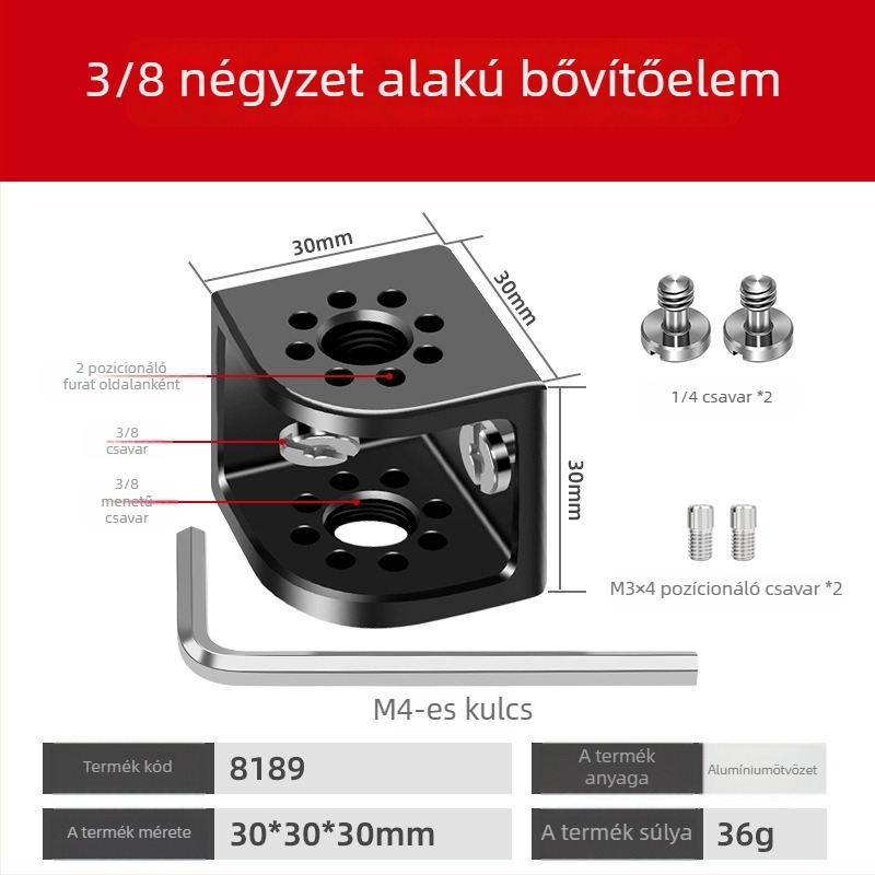 Kamera tartó 3/8 hüvelykes monitor adapterrel, alumíniumötvözet, modell 8189, tömeg 36 g