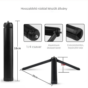 DSLR- és mobiltelefon tripod — LST-PRO, alumíniumötvözet konstrukció, maxim terhelhetőség 2–5 kg, kompatibil kamerákkal és okostelefonnal, tömeg 100 g