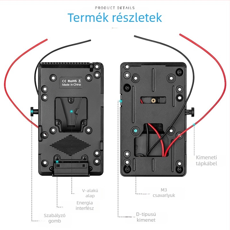 V-típusú akkumulátorlemez Sony V-Mount-hoz, D-Tap kimenet, 14,8V monitor tápellátás közvetítő kamerákhoz