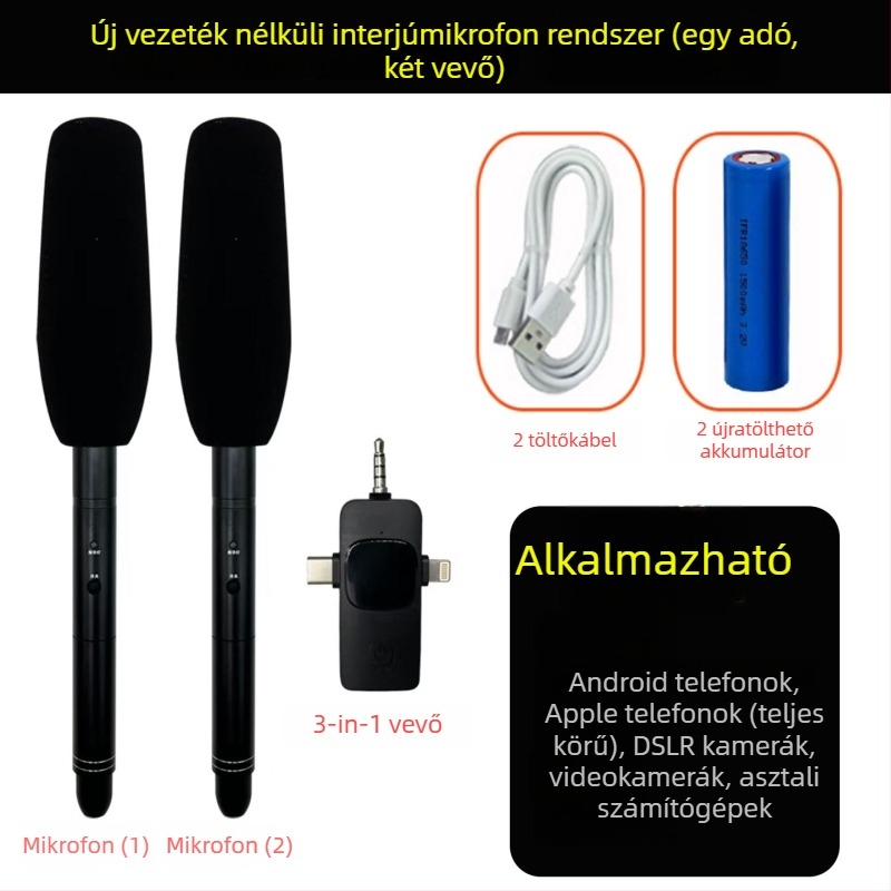 Interjúkhoz professzionális felvételi mikrofon - cardioid, kábeles, 12 óra+ akkumulátor-élettartam, SNR ≥85 dB, Modell C01