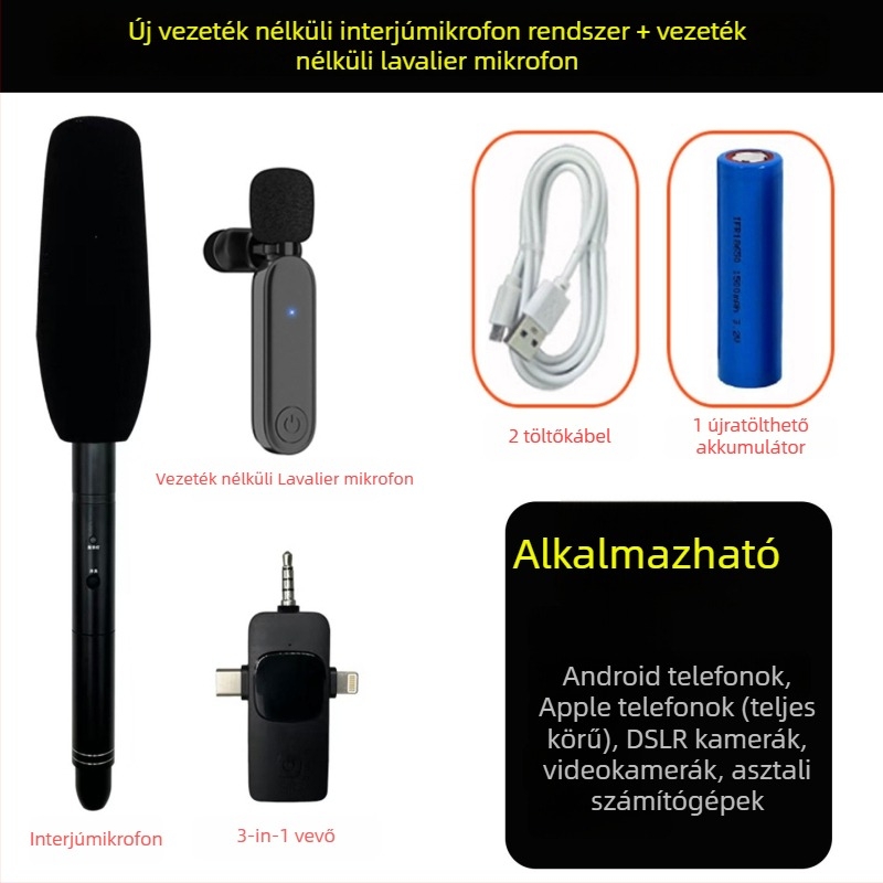 Interjúkhoz professzionális felvételi mikrofon - cardioid, kábeles, 12 óra+ akkumulátor-élettartam, SNR ≥85 dB, Modell C01