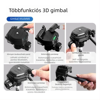 Telefon tartó 3D gimbal gyorskioldó talppal – Panoráma stabilizátor univerzális tripodhoz, rögzítés 1/4 inch vagy 6 mm, műanyag test, 180° vízszintes / 90° függőleges forgás, 360° forgás, 270 g tömeg