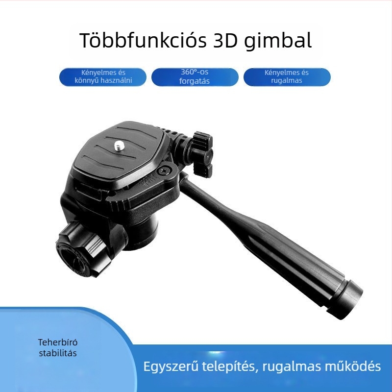 Telefon tartó 3D gimbal gyorskioldó talppal – Panoráma stabilizátor univerzális tripodhoz, rögzítés 1/4 inch vagy 6 mm, műanyag test, 180° vízszintes / 90° függőleges forgás, 360° forgás, 270 g tömeg