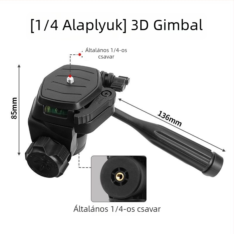 Telefon tartó 3D gimbal gyorskioldó talppal – Panoráma stabilizátor univerzális tripodhoz, rögzítés 1/4 inch vagy 6 mm, műanyag test, 180° vízszintes / 90° függőleges forgás, 360° forgás, 270 g tömeg