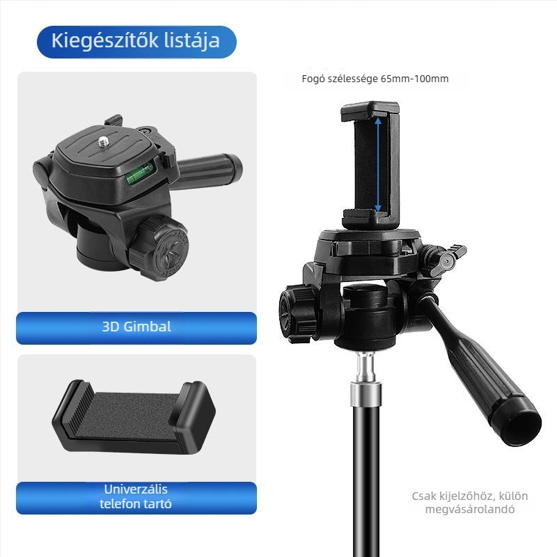 Telefon tartó 3D gimbal gyorskioldó talppal – Panoráma stabilizátor univerzális tripodhoz, rögzítés 1/4 inch vagy 6 mm, műanyag test, 180° vízszintes / 90° függőleges forgás, 360° forgás, 270 g tömeg
