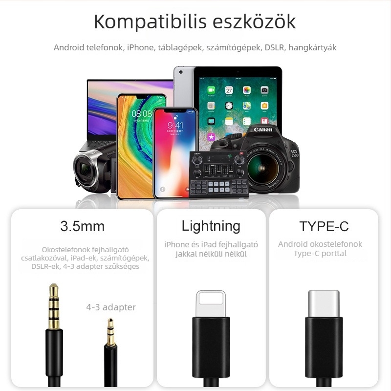 Leiz A3 laptop mikrofon, vezeték nélküli, 30 Hz–15 kHz frekvenciasáv, SNR ≥ 60 dB, méretek 12×9×3 cm