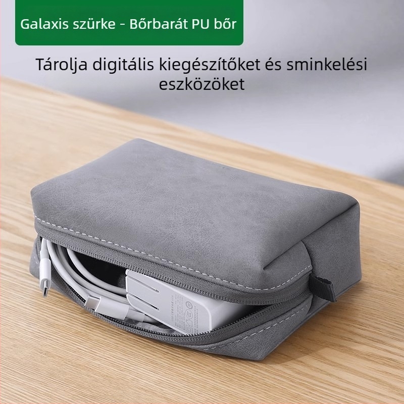 PU kocka alakú adattároló táska utazáshoz — rendezze power bankot, kábeleket és kisebb kiegészítőket