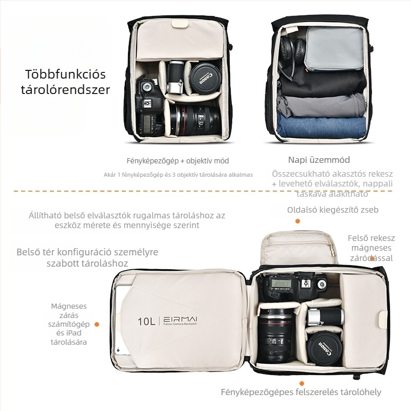 Fényképezőgép hátizsák 10L, könnyű, univerzális utazáshoz, permetálló anyag beépített esővédővel; 1 fényképezőgép, 2 tükör, 1 akciókamera, 1 vaku; poliészter