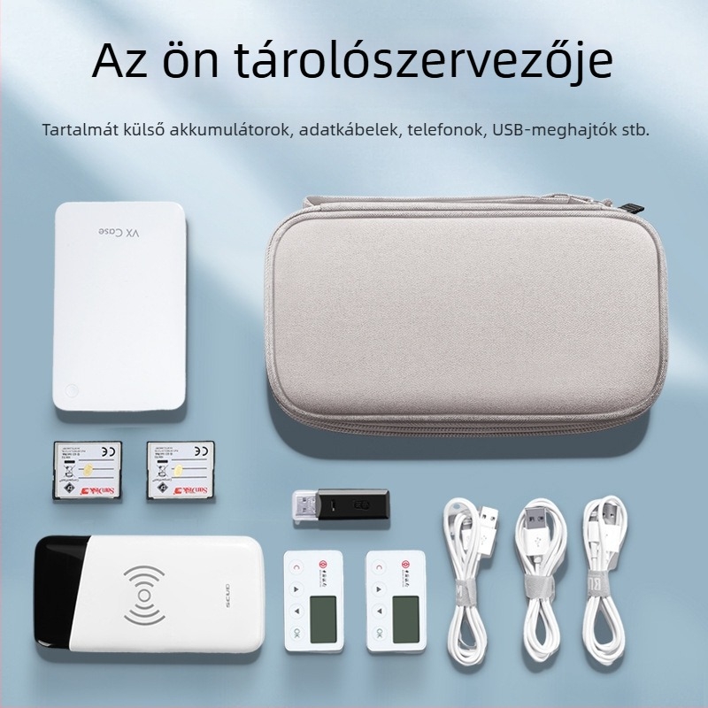 Kocka alakú vízálló tárolótáska adatkábelekhez, fülhallgatókhoz és külső akkumulátorokhoz, többfunkciós jacquard szövettel