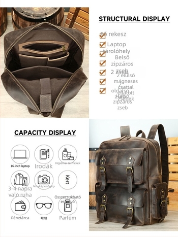 Férfi bőrtáska hátizsák, Vintage Crazy Horse, top-grain marhabőr, 20–35L, kompatibil 16 hüvelykes laptophoz, kopásálló, görbült vállpánttal
