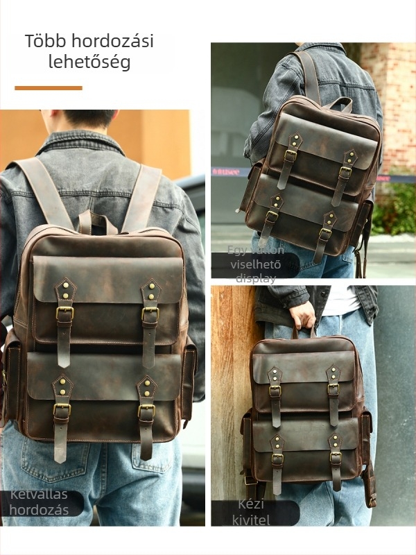 Férfi bőrtáska hátizsák, Vintage Crazy Horse, top-grain marhabőr, 20–35L, kompatibil 16 hüvelykes laptophoz, kopásálló, görbült vállpánttal