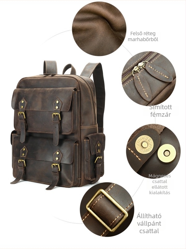 Férfi bőrtáska hátizsák, Vintage Crazy Horse, top-grain marhabőr, 20–35L, kompatibil 16 hüvelykes laptophoz, kopásálló, görbült vállpánttal