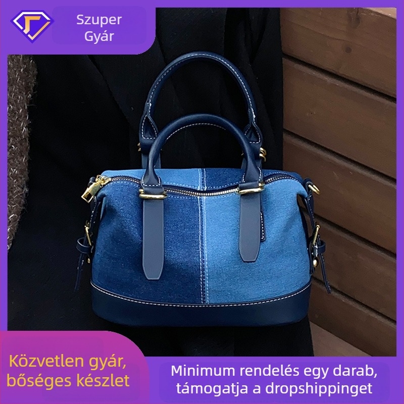 Denim női táska téli szezonra, közepes méret, városi minimalist stílus, nagy kapacitás, cipzáras zárás