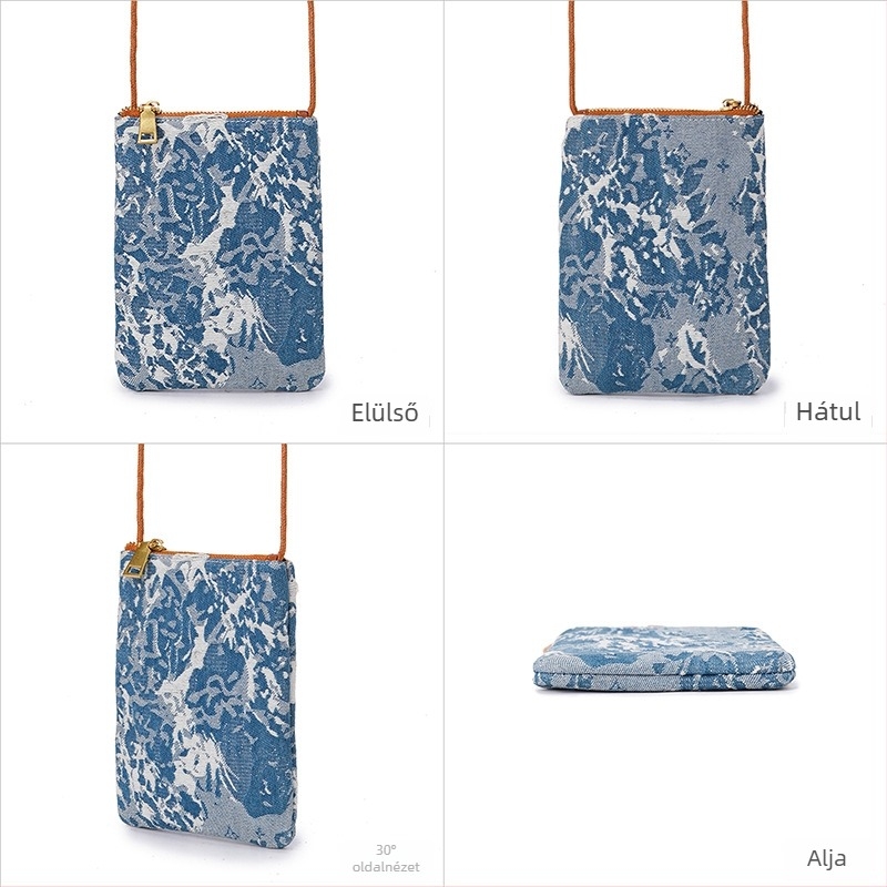 Telefontáska denim anyagból, városi minimalist stílus, függőleges téglalap alakú forma, cipzáras zárás, márka JOGUJOS