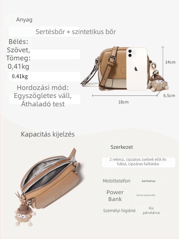 Keresztpántos táska - Valódi bőr, kerek doboz alak, cipzáras nyitás, belső cipzáras zseb és ID rekesz, Golden Fox