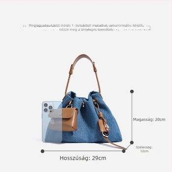 Női denim bucket táska, városi egyszerű stílus, ovális forma, zsinóros záródás, belső cipzáros zseb és ID zseb