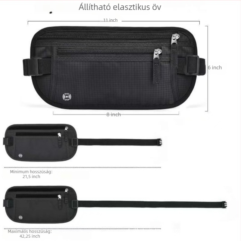 Nylon deréktáska RFID-védelmi funkcióval, kültéri sportokra, uniszex, egyszerű mintázat, poliészter bélés
