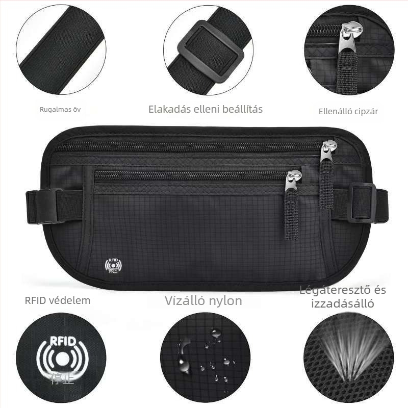 Nylon deréktáska RFID-védelmi funkcióval, kültéri sportokra, uniszex, egyszerű mintázat, poliészter bélés