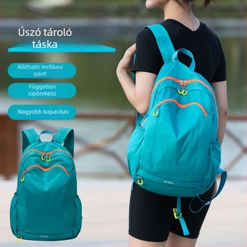 Külső sportokhoz vízálló hátizsák száraz–nedves elválasztóval, nagy kapacitású, családos használatra (szülő-gyermek), poliészter anyag, belső nylon bélés