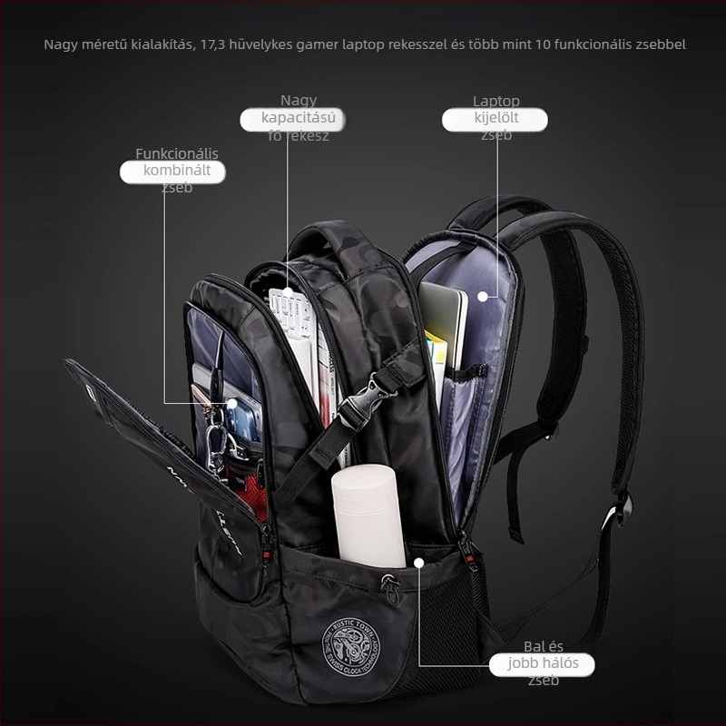 Kamufláž mintás hátizsák, vízálló Oxford anyag, kapacitás 36-55 L, 16 hüvelykes laptophoz, uniszex (36-55 L; 16 hüvelykes laptop)
