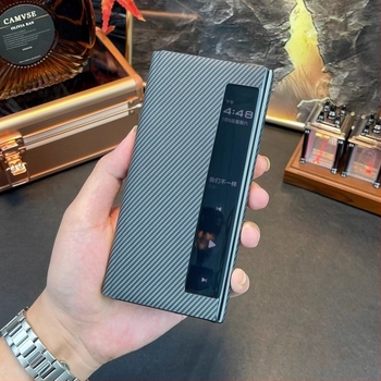 Huawei Matexts Tri-fold mágneses bőrtok karbon szálas textúrával és csuklópántos tartóval