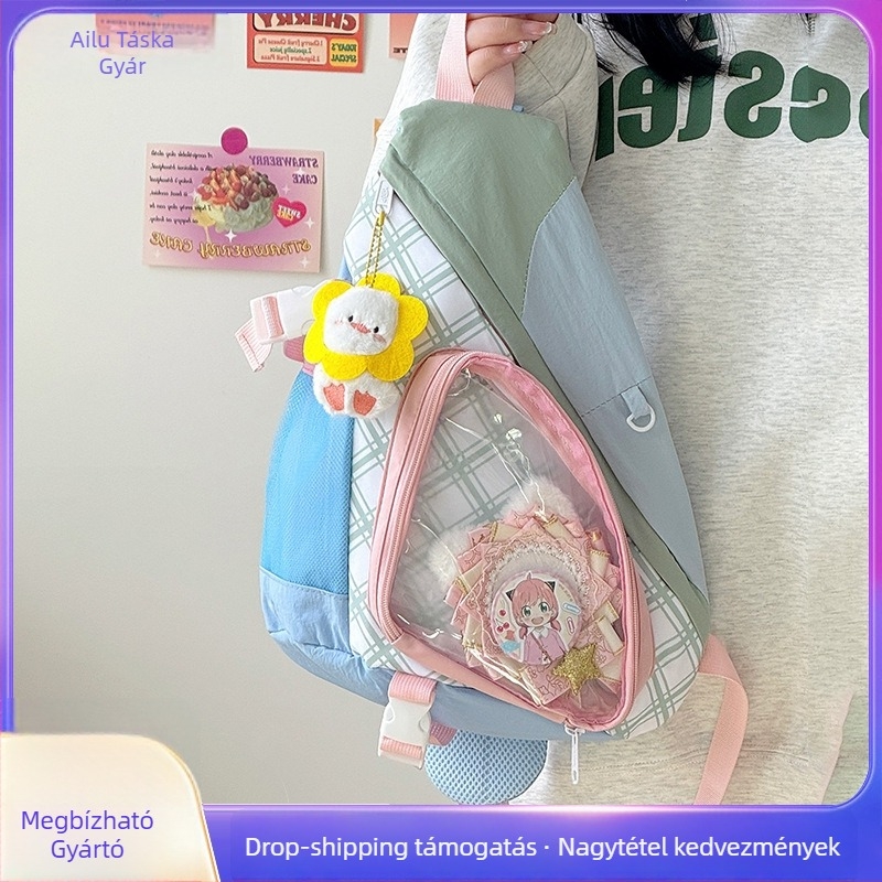 Japán stílusú mellkas táska levehető babatáskával, vintage color-block kockás mintázat, textil anyag, uniszex, terheléscsökkentő