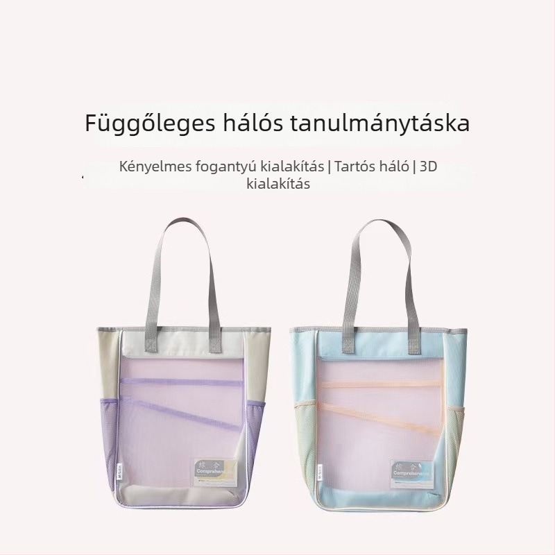 L-alakú nejlonhálós tantárgytáska, háromrétegű, nagy kapacitású dokumentumoknak, uniszex, tartós