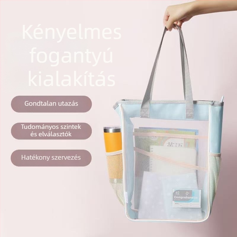 L-alakú nejlonhálós tantárgytáska, háromrétegű, nagy kapacitású dokumentumoknak, uniszex, tartós