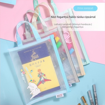 Morita Hair Macaron és Morandi színek, rajzfilmszerű macska, A4-es irattáska, átlátszó nylon háló