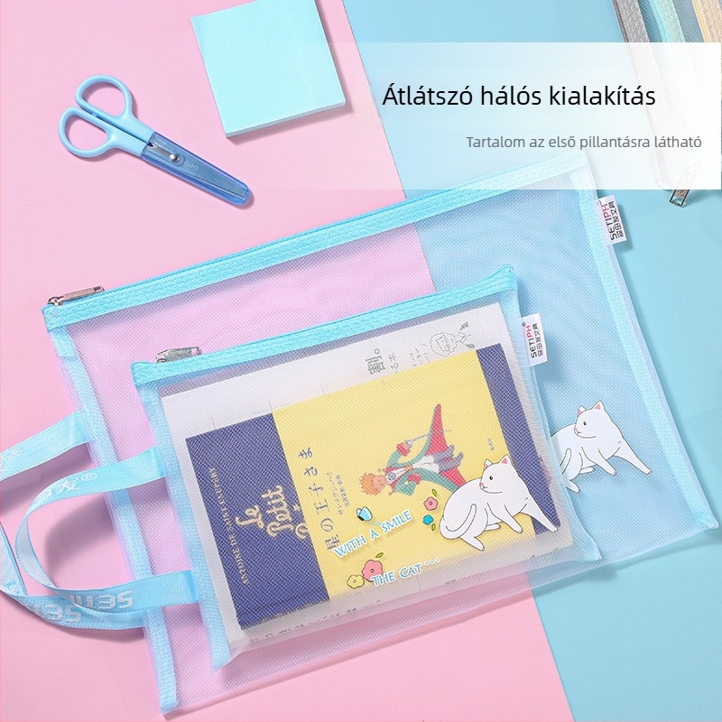 Morita Hair Macaron és Morandi színek, rajzfilmszerű macska, A4-es irattáska, átlátszó nylon háló