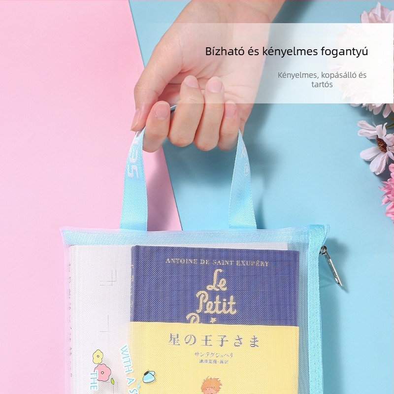 Morita Hair Macaron és Morandi színek, rajzfilmszerű macska, A4-es irattáska, átlátszó nylon háló