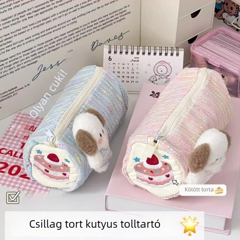 Ceruzatartó aranyos eper-torta kiskutyás dizájnnal, rajzfilm-stílusú, nagy kapacitású tanulói tároláshoz
