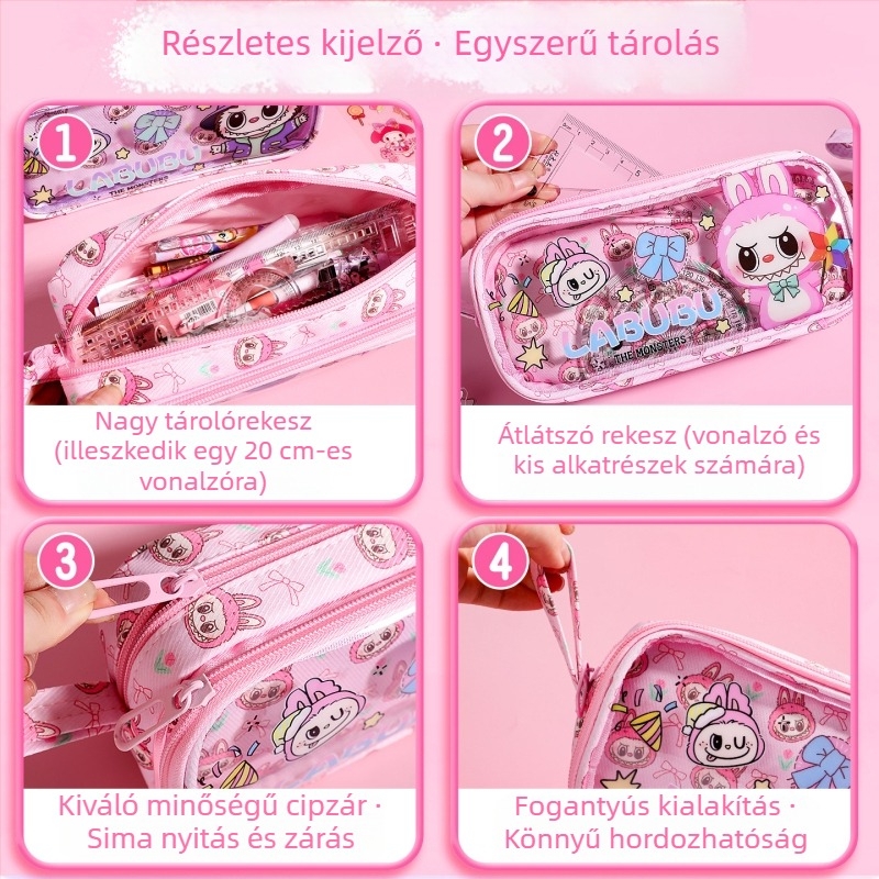 Iskolai ceruzatartó, Hundred márka, PU anyag,kétszintes kialakítás, rajzfilm dizájn, koreai verziós stílus