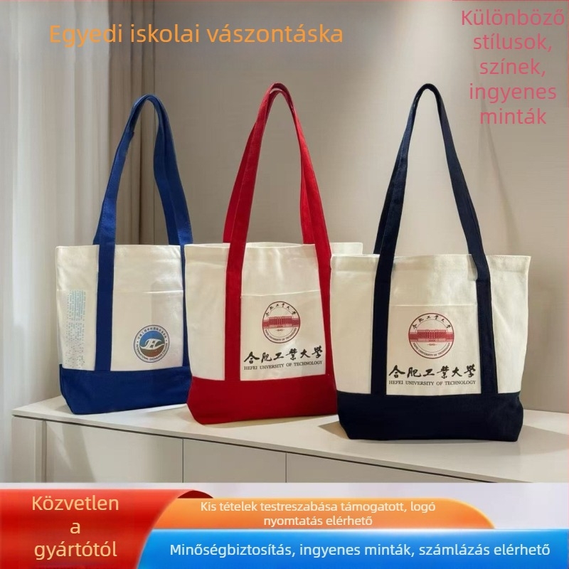Egyedi logóval ellátott vászontáska; forma: tote vagy hátizsák; nyomtatási módok: hőtranszfer, szitanyomás, gépi nyomtatás; ideális iskolai promócióhoz.
