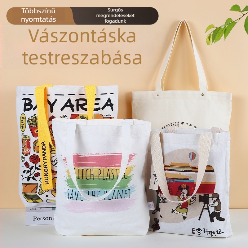 Vászon kézitáska logóval, testre szabható, nyomtatási módszerek: szitanyomás, gépi nyomtatás, digitális nyomtatás, hőtranszfer