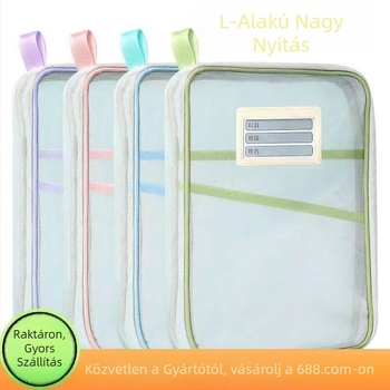 L-alakú széles nyitású tantárgy-kategorizáló táska - nejlonháló anyagú, cipzáros, háromdimenziós tárolás