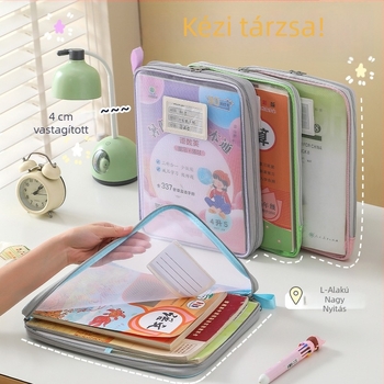 L-alakú széles nyitású tantárgy-kategorizáló táska - nejlonháló anyagú, cipzáros, háromdimenziós tárolás