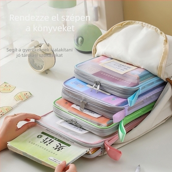 L-alakú széles nyitású tantárgy-kategorizáló táska - nejlonháló anyagú, cipzáros, háromdimenziós tárolás